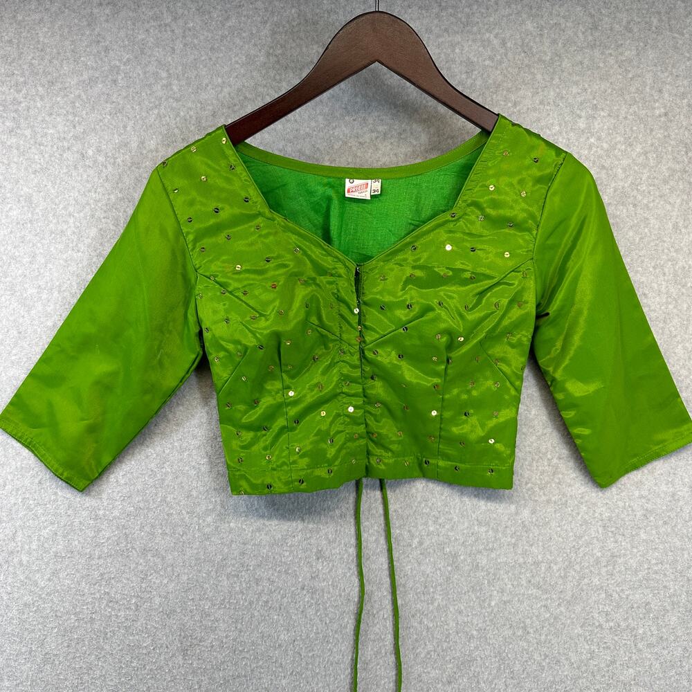 Vintage Preeti Top Womens Size 34 Green Cropped Sequins 3/4 Sleeve Tie Back
